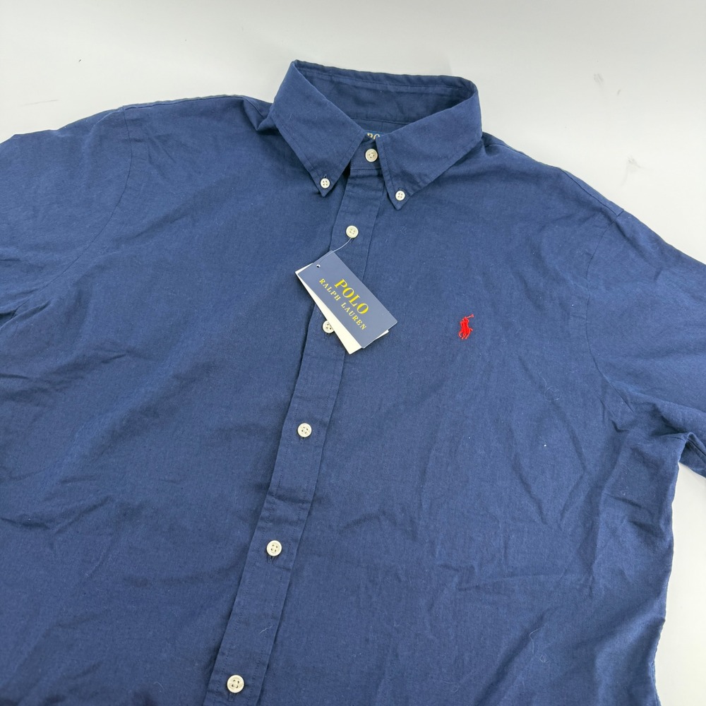 Polo Ralph Lauren Mens Navy Blue Linen Cotton Short Sleeve Shirt Classic Fit L